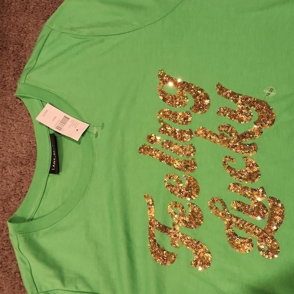 Lane Bryant Green Tee with Gold Sequin Text - Picture 3 of 5